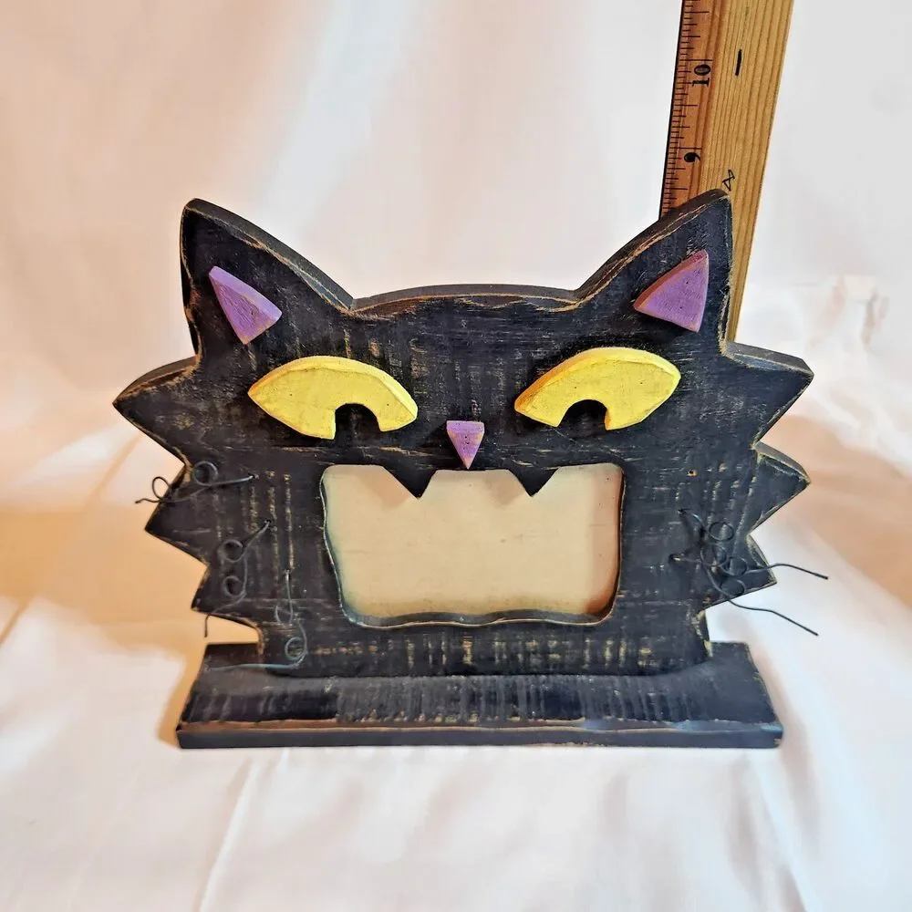 Set of 2 Rustic Wooden Halloween Photo Frames Black Cat Pumpkin Primitive Decor
